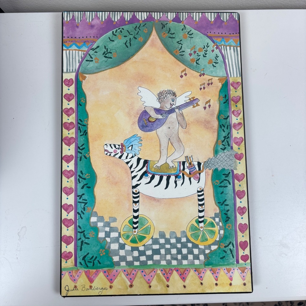 Judie Bomberger Whimsical Watercolor Print Zebra Cherub Guitar Wood Block Art
